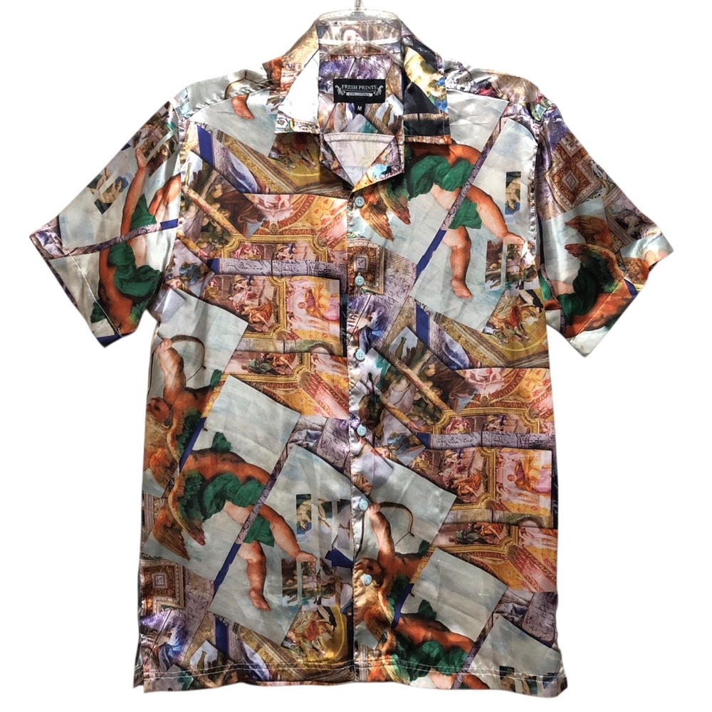 FRENCH PRINTS By Drill SZ M.Men ShortSleeve Satin Printed ButtonDown Multicolor